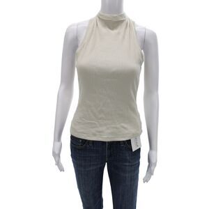 R+A Women Designer Striped Cotton Mock Neck Sleeveless Zip Tank Beige Size XS